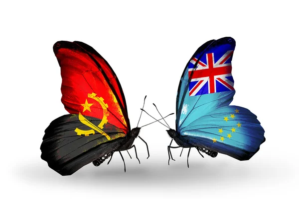 Butterflies with Angola and  Tuvalu flags — Stock Photo, Image