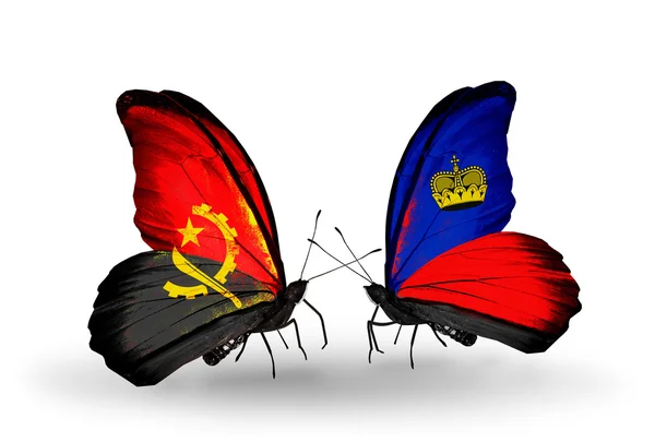 Butterflies with Angola and Liechtenstein flags — Stock Photo, Image