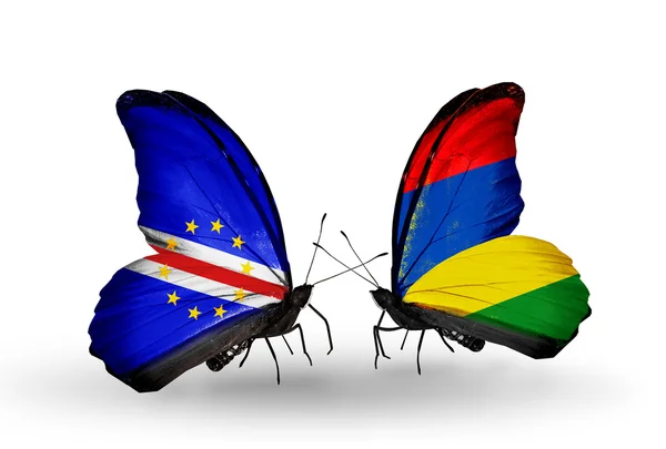 Butterflies with Cape Verde and Mauritius flags — Stock Photo, Image