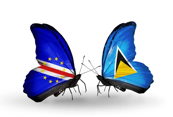 Butterflies with Cape Verde and Saint Lucia flags — Stock Photo, Image