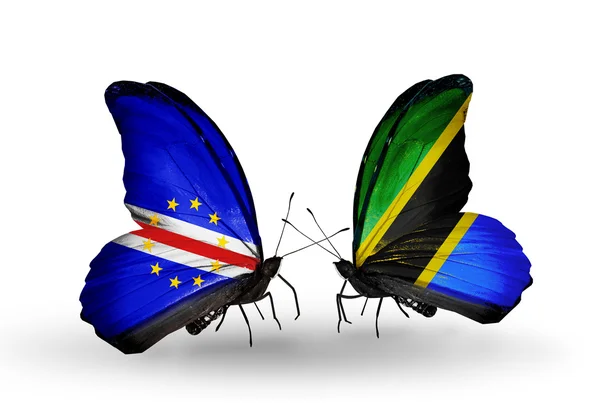 Mariposas con banderas de Cabo Verde y Tanzania — Foto de Stock