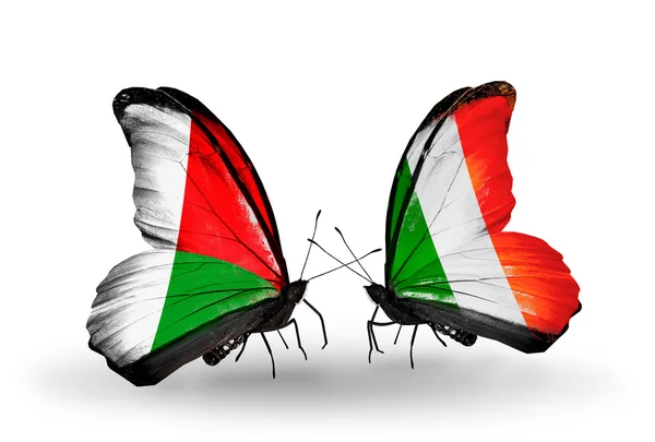 Butterflies with Madagascar and Ireland flags — Stock Photo, Image
