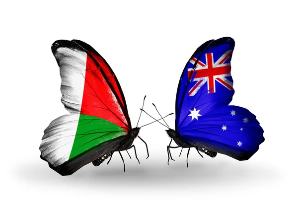 Butterflies with Madagascar and Australia flags — Stock Photo, Image