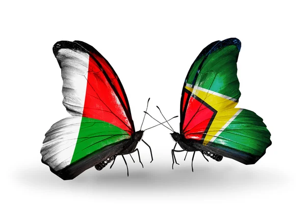 Бабочки с флагом Мадагаскара и Гайаны — стоковое фото