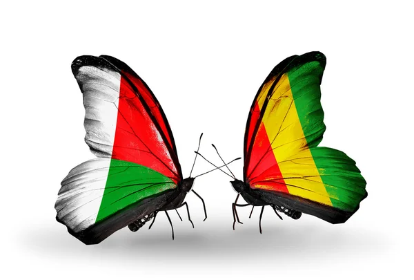 Butterflies with Madagascar and Guinea flags — Stock Photo, Image