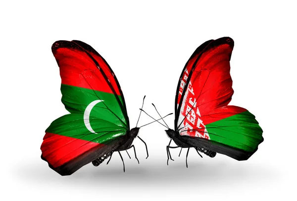 Farfalle con bandiere Maldive e Bielorussia — Foto Stock