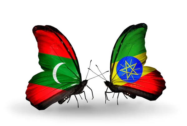 Butterflies with  Maldives and Ethiopia flags — Stock Photo, Image