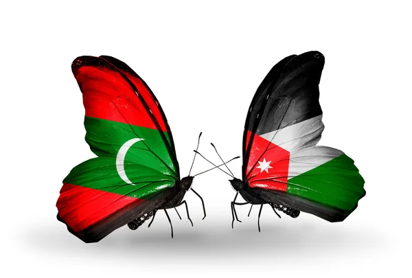 Butterflies with Maldives and  Jordan flags — Stock Photo, Image