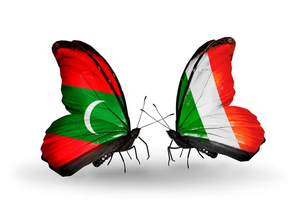 蝴蝶与马尔代夫和爱尔兰国旗 — 图库照片