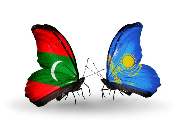 Butterflies with Maldives and  Kazakhstan flags — Stock Photo, Image