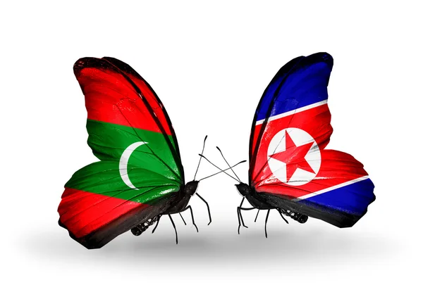 Motyle z flagami Malediwy i Korea Północna — Zdjęcie stockowe