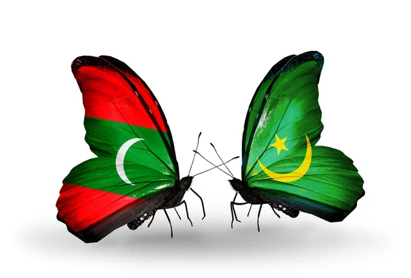 Butterflies with Maldives and Mauritania flags — Stock Photo, Image