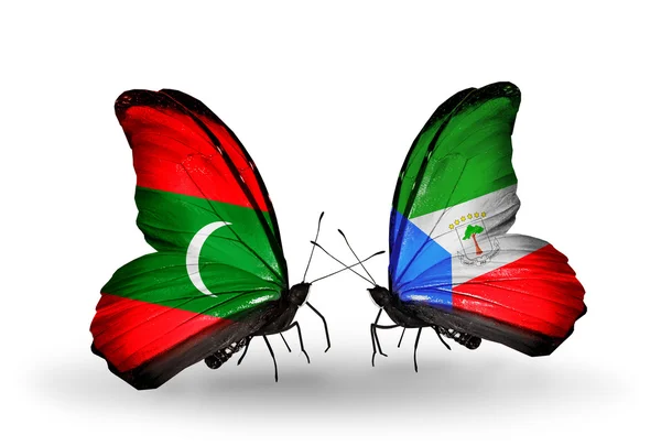 Butterflies with Maldives and Equatorial Guinea flags — Stock Photo, Image