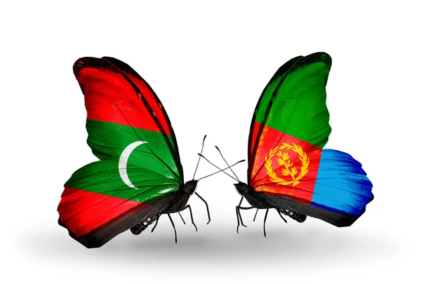 Butterflies with Maldives and Eritrea flags — Stock Photo, Image