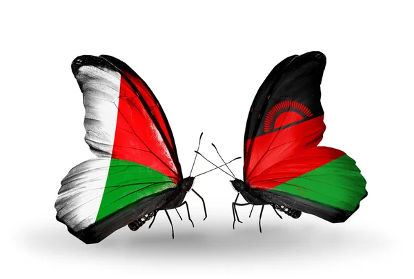 Farfalle con bandiere Madagascar e Malawi — Foto Stock