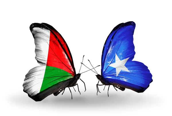 蝴蝶与马达加斯加和索马里国旗 — 图库照片