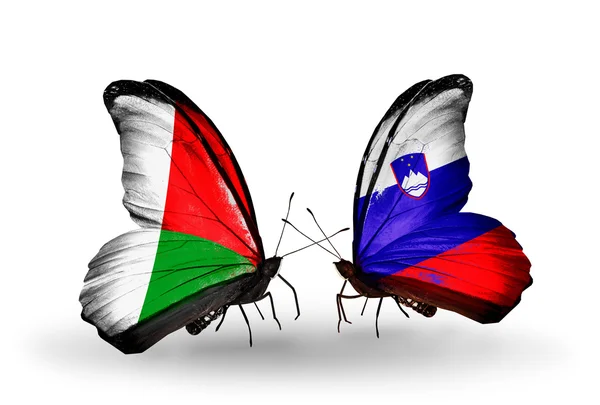 Farfalle con bandiere Madagascar e Slovenia — Foto Stock