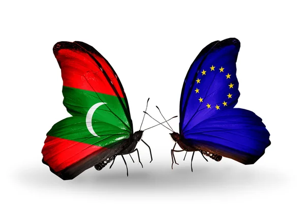 Butterflies with Maldives and European Union flags — Stock Photo, Image