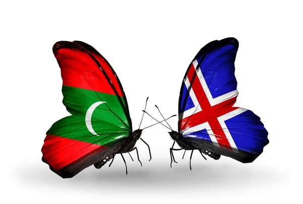 Butterflies with Maldives and Iceland flags — Stock Photo, Image