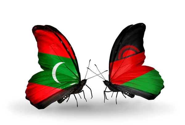 Butterflies with  Maldives and Malawi flags — Stock Photo, Image