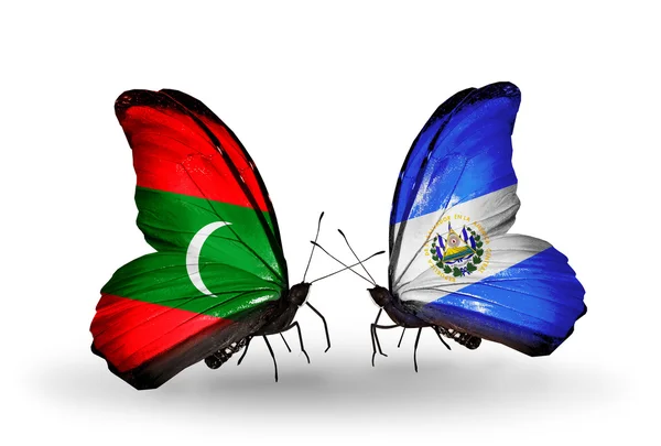 Butterflies with Maldives and Salvador flags — Stock Photo, Image