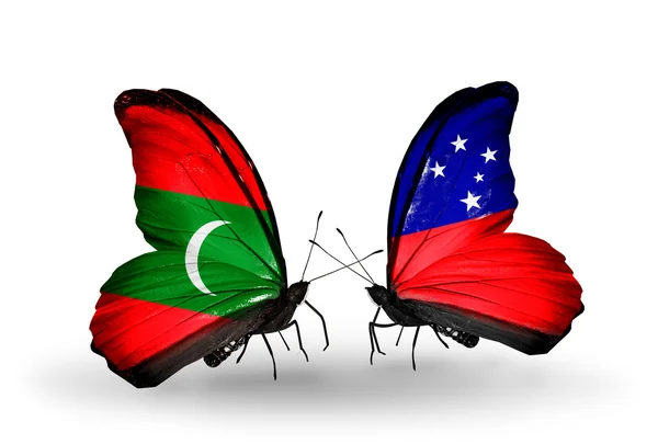 Butterflies with Maldives and Samoa flags — Stock Photo, Image