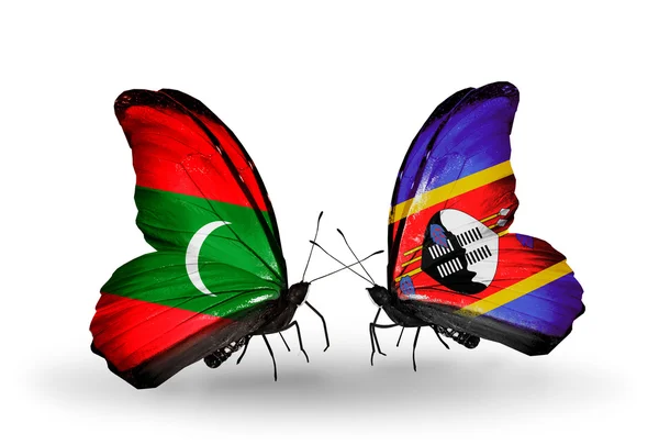 Butterflies with Maldives and Swaziland flags — Stock Photo, Image