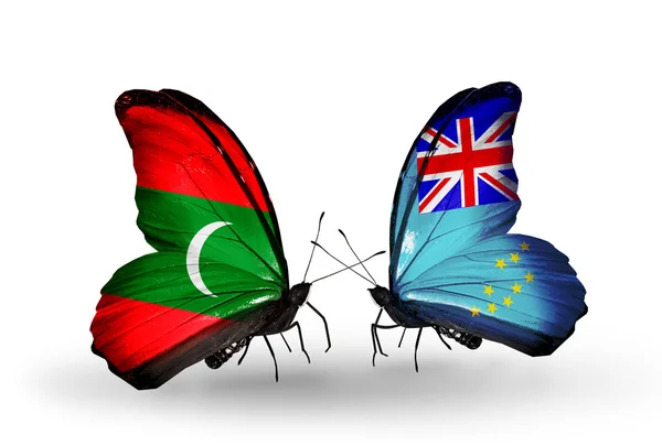 Butterflies with Maldives and Tuvalu flags — Stock Photo, Image