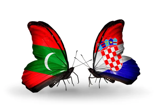 Butterflies with Maldives and Croatia flags — Stock Photo, Image