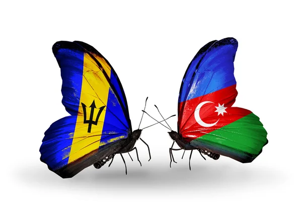 Butterflies with Barbados and Azerbaijan flags — Stock Photo, Image