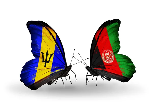 Butterflies with  Barbados and Afghanistan flags — Stock Photo, Image