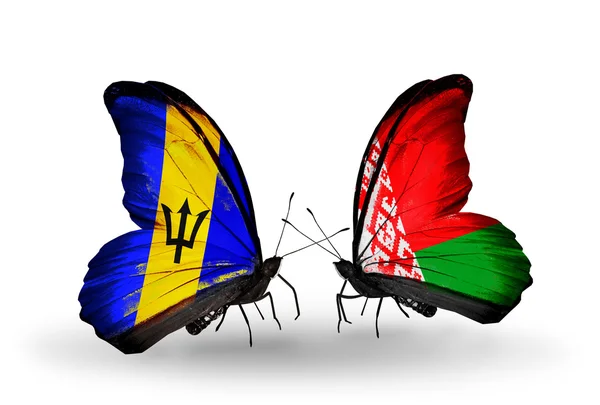 Mariposas con banderas de Barbados y Bielorrusia — Foto de Stock