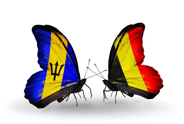 Butterflies with Barbados and Belgium flags — Stock Photo, Image