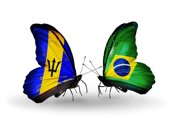 Butterflies with Barbados and Brazil flags — Stock Photo, Image