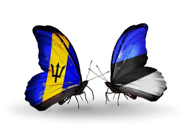 Butterflies with Barbados and Estonia flags — Stock Photo, Image