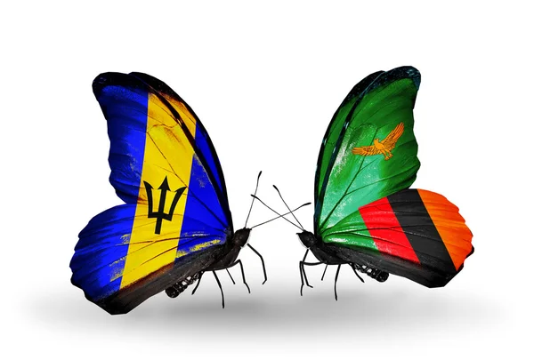 Mariposas con banderas de Barbados y Zambia —  Fotos de Stock