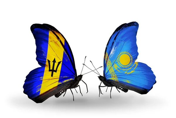 Butterflies with Barbados and  Kazakhstan flags — Stock Photo, Image