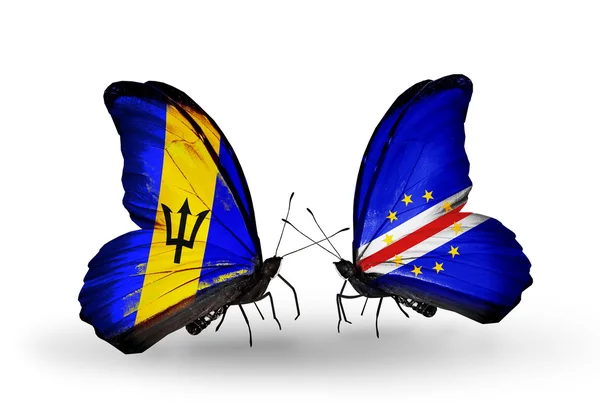 Butterflies with Barbados and Cape Verde flags — Stock Photo, Image