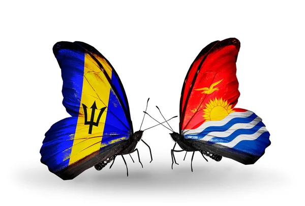 Butterflies with Barbados and Kiribati flags — Stock Photo, Image