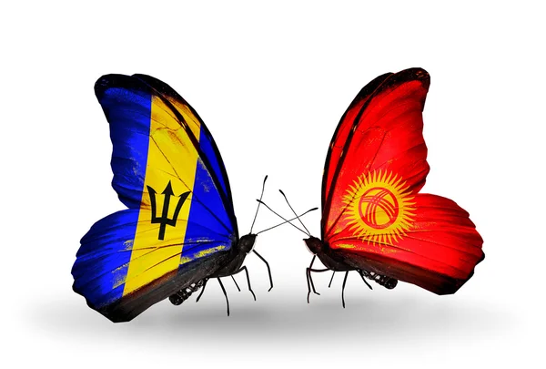 Butterflies with Barbados and Kirghiz flags — Stock Photo, Image