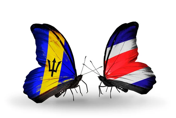 Mariposas con banderas de Barbados y Costa Rica — Foto de Stock