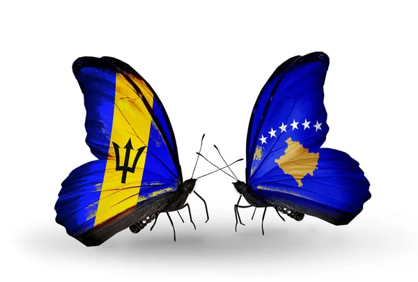 Mariposas con banderas de Barbados y Kosovo —  Fotos de Stock