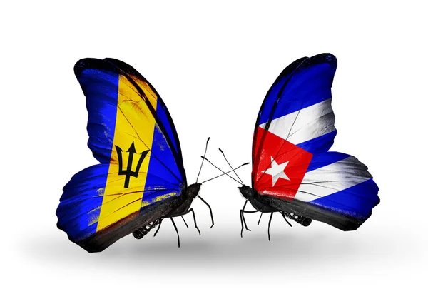 Butterflies with Barbados and Cuba flags — Stock Photo, Image