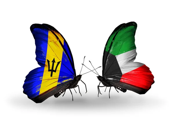 Butterflies with Barbados and Kuwait flags — Stock Photo, Image