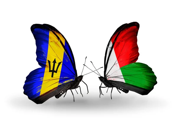 Butterflies with  Barbados and Madagascar flags — Stock Photo, Image