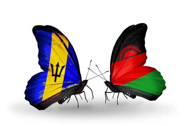 Mariposas con banderas de Barbados y Malawi —  Fotos de Stock