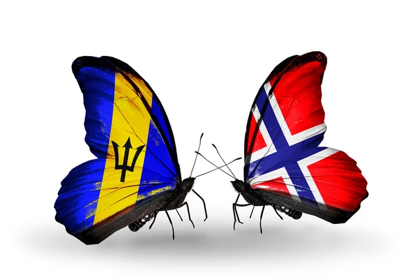 Mariposas con banderas de Barbados y Noruega — Foto de Stock