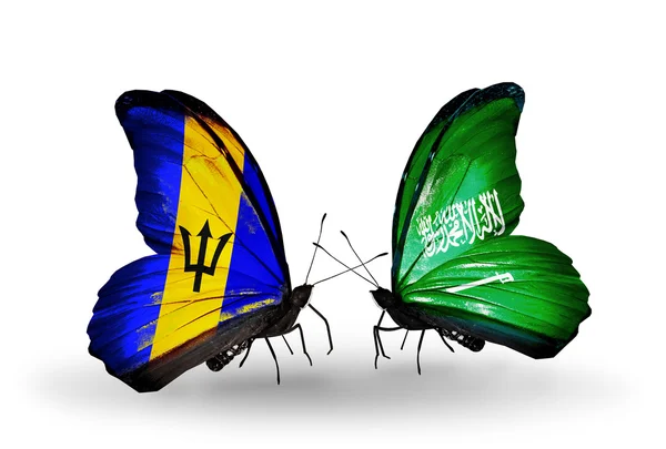 Butterflies with  Barbados and  Saudi Arabia flags — Stock Photo, Image