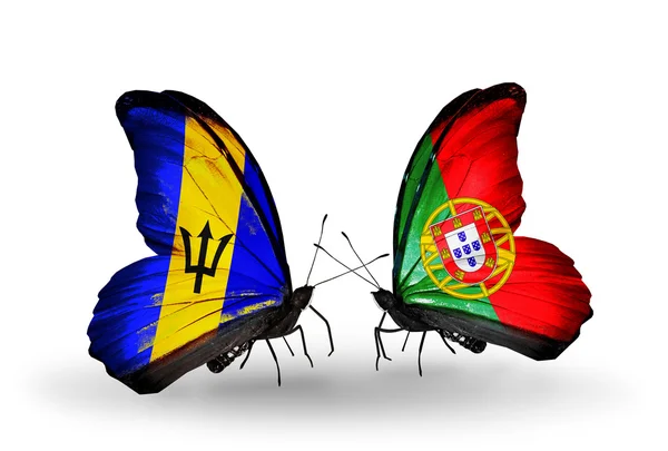 Butterflies with Barbados and Portugal flags — Stock Photo, Image