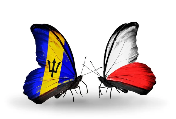 Butterflies with Barbados and Poland flags — Stock Photo, Image